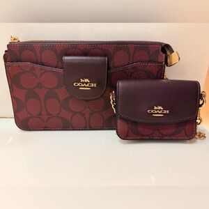 Coach Signature Burgundy Crossbody Bag and Cardholder Set